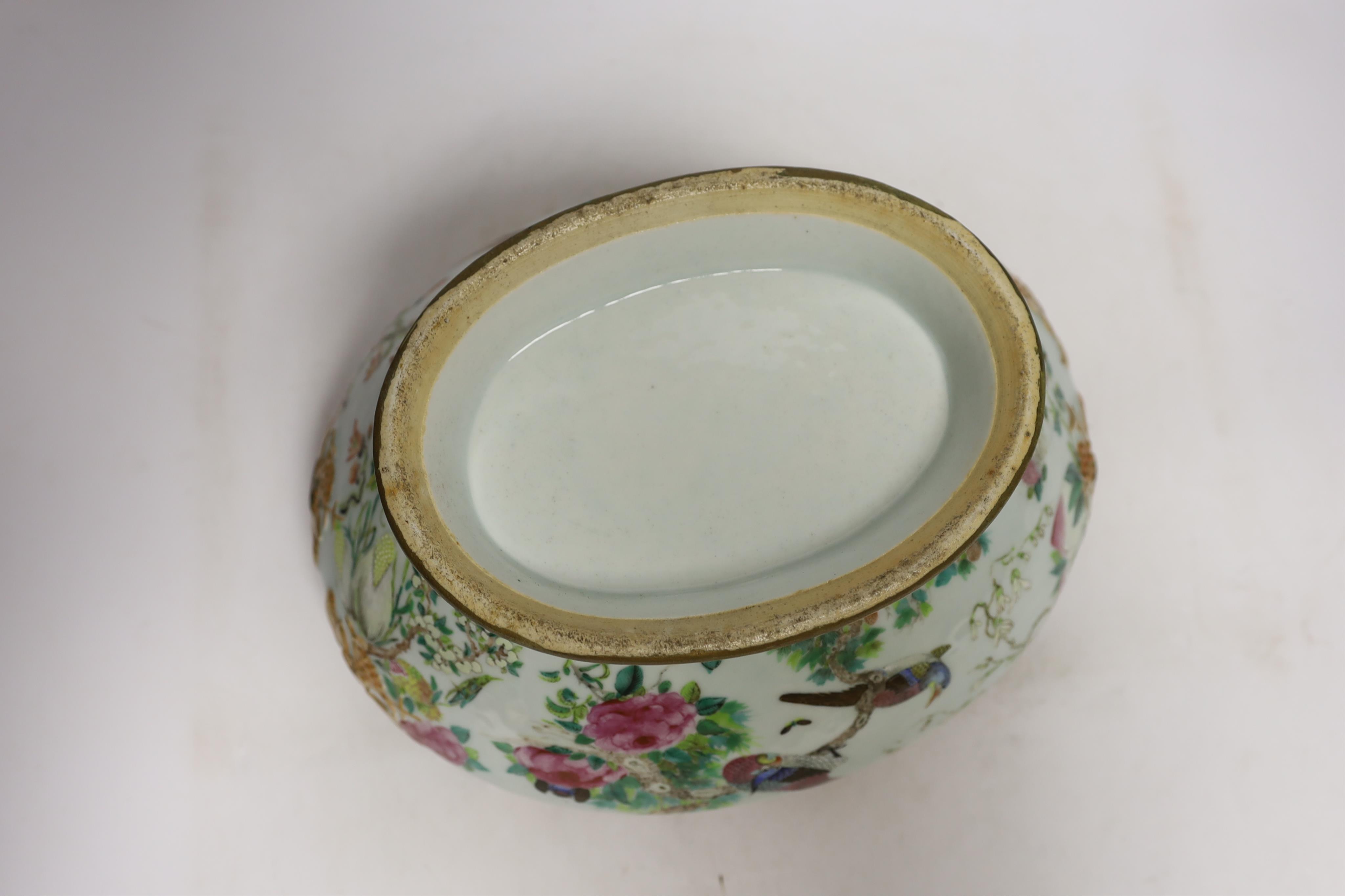 A 19th century Chinese famille rose tureen (lacking cover), a bronze mirror, a brush pot, a crackle glazed teabowl and a pair of Japanese yellow glazed satsuma jars and covers, tallest 18cm (6)